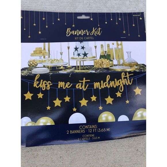 NEW YEAR'S EVE BANNER "Kiss Me at Midnight" 12 ft. Long Each. Contains 2 - Picture 2 of 7